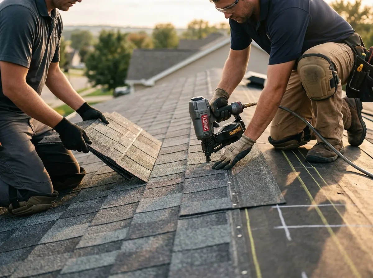 Professional roofer working on a residential roof in Tuscumbia